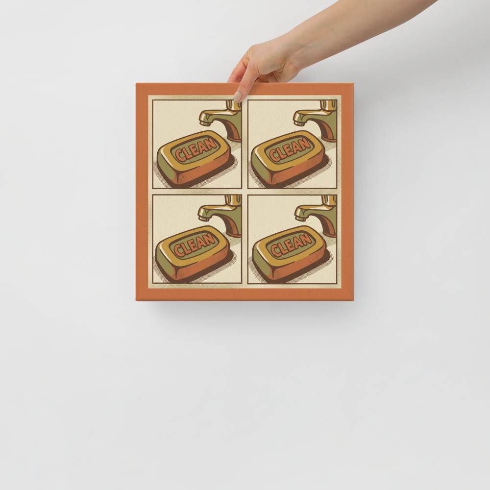 'Clean Repetition' — a Pop art print. A pop art style 2x2 grid showing a bar of soap labeled CLEAN under a faucet in muted brown, orange, and green tones, perfect for a Bathroom.