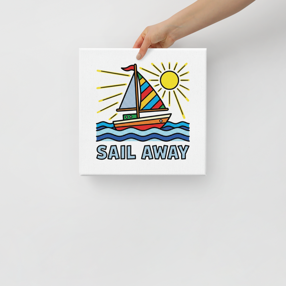 'Pop Art Sail Away' — a Pop art print. A pop art style illustration of a brightly colored sailboat on blue waves under a yellow sun with the text SAIL AWAY, perfect for a Bathroom or Sunroom.