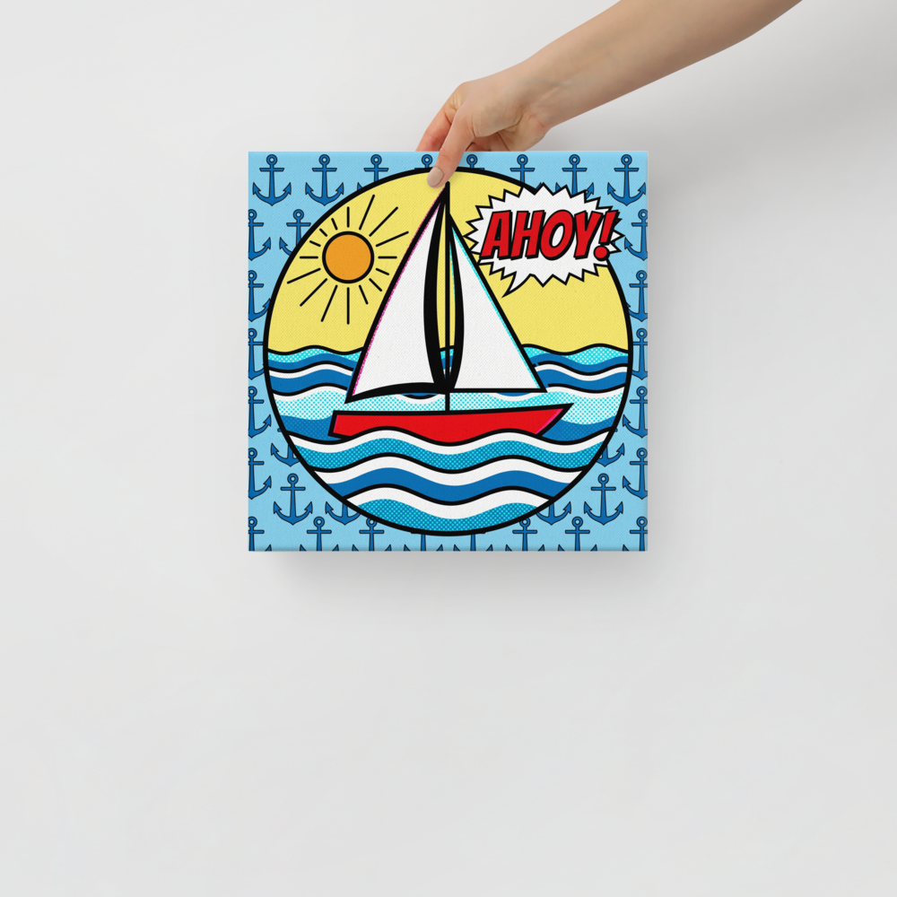 'Pop Art Ahoy' — a Pop art print. A pop art style illustration of a sailboat on waves with a speech bubble saying AHOY! set against a background of repeating blue anchors, perfect for a Bathroom or Sunroom.