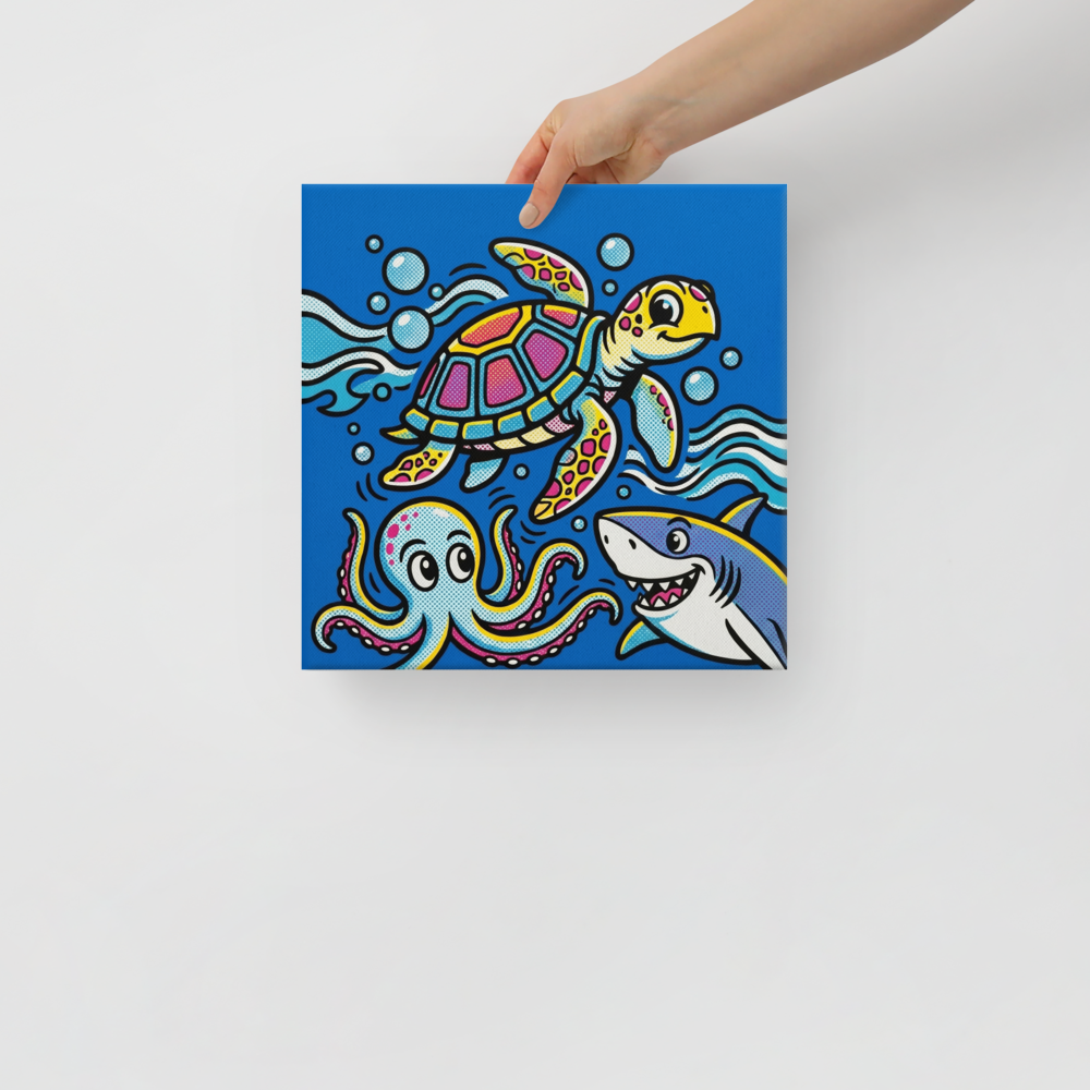 'Comic Aquatic Trio' — a Pop art print. Comic-style pop art featuring a smiling shark, colorful turtle, and spotted octopus against a bright blue background, excellent for a Bathroom or Playroom.