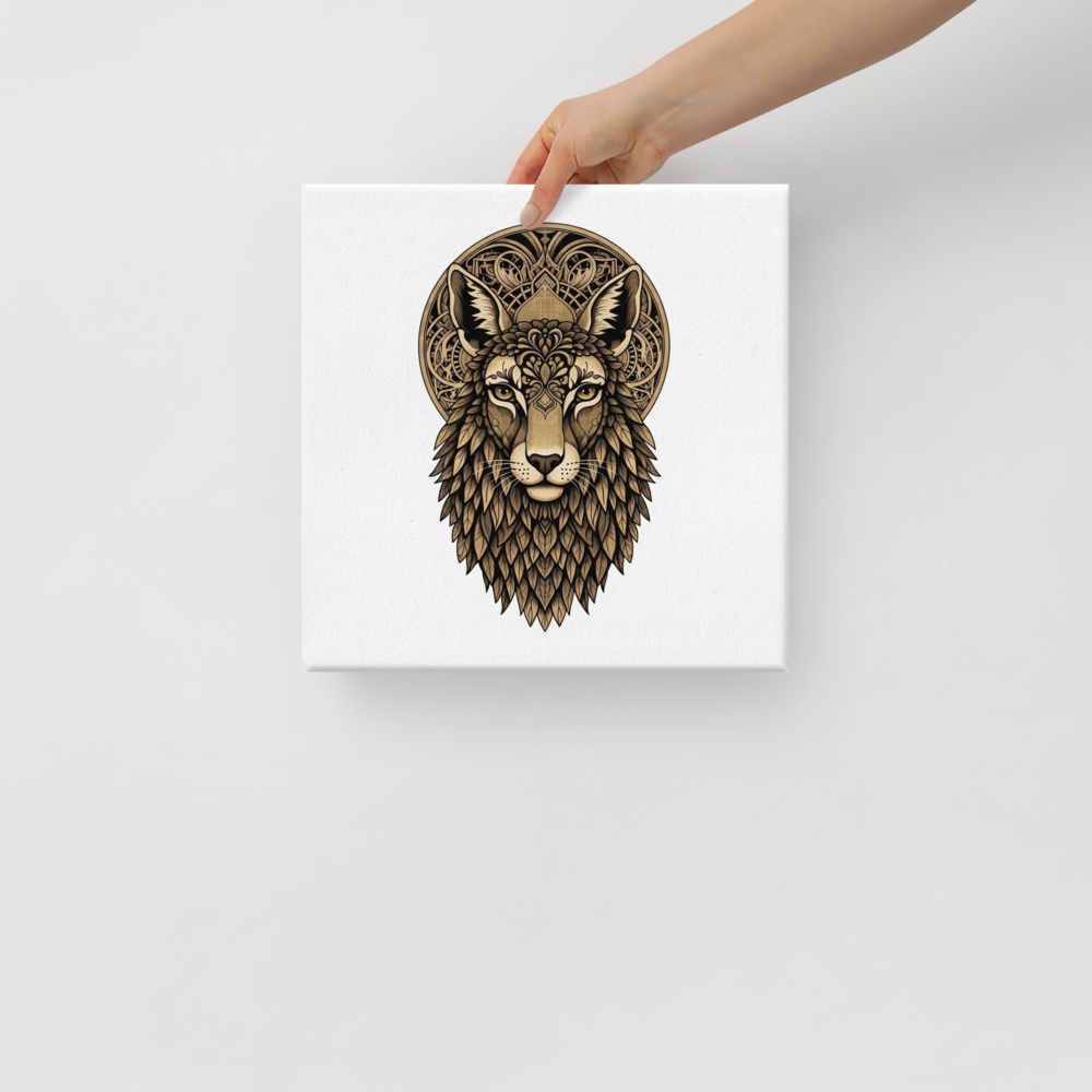 'Golden Guardian' — a Art Deco print. An ornate golden illustration of a symmetrical animal face with decorative halo patterns, perfect for an Office setting.