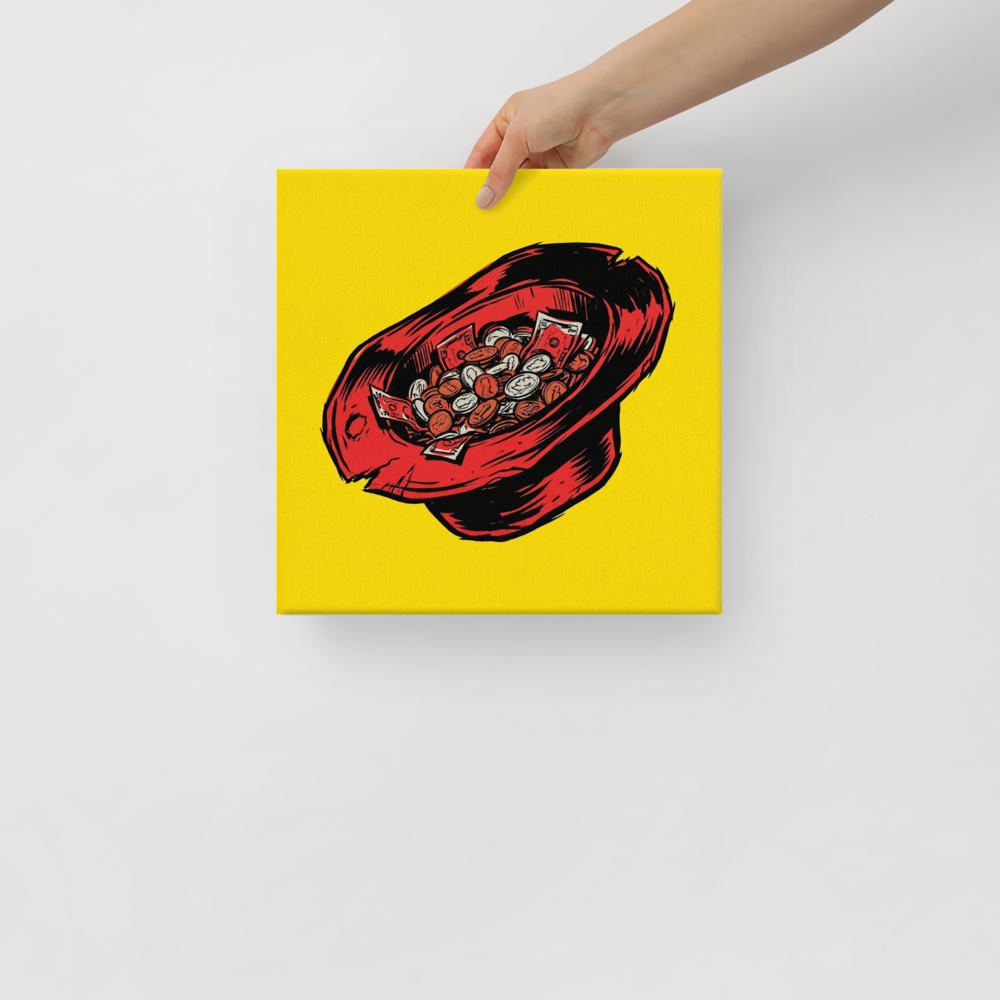 'The Busker's Fortune' — a Pop art print. A pop art illustration of an upside-down red top hat filled with money against a solid yellow background, perfect for a Man Cave.