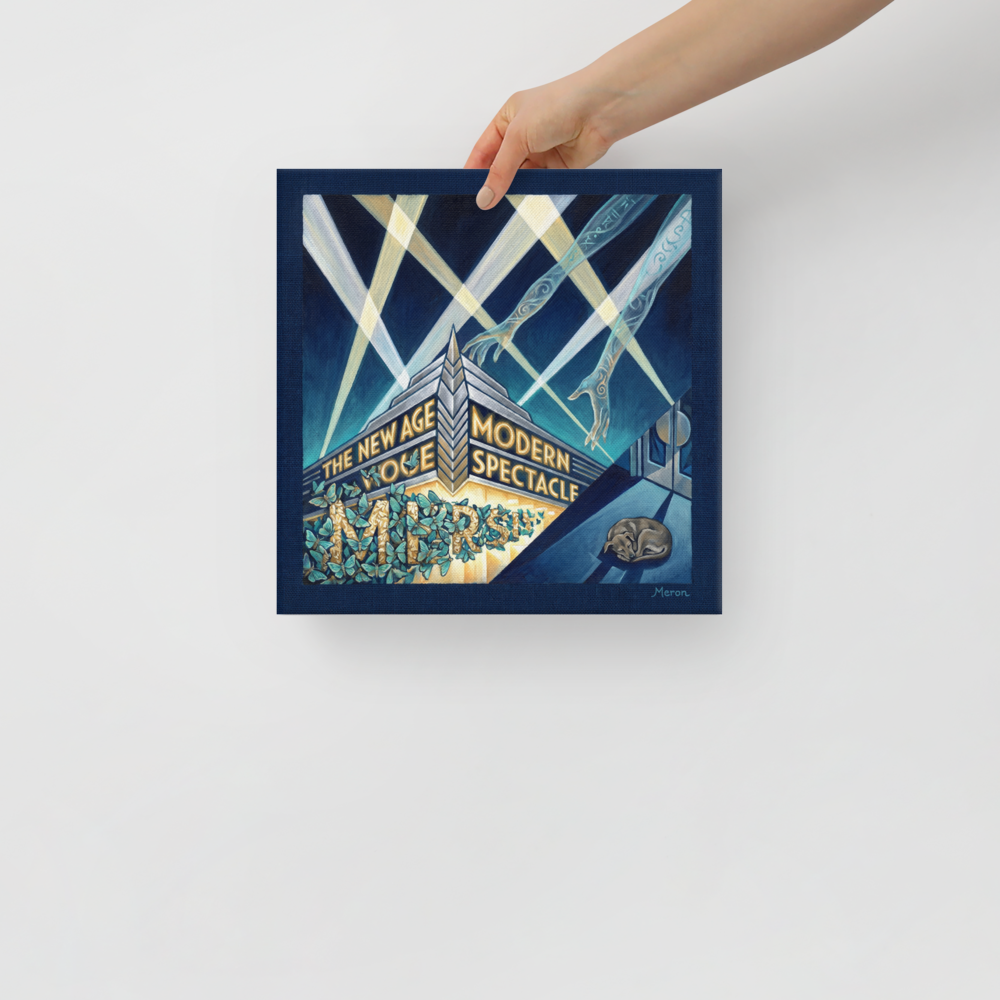 'The New Age Spectacle' — a Art Deco print. A surreal Art Deco painting featuring ethereal hands reaching through spotlights toward a bright theatre marquee covered in blue moths, with a sleeping dog nearby, perfect for a bold Living Room.