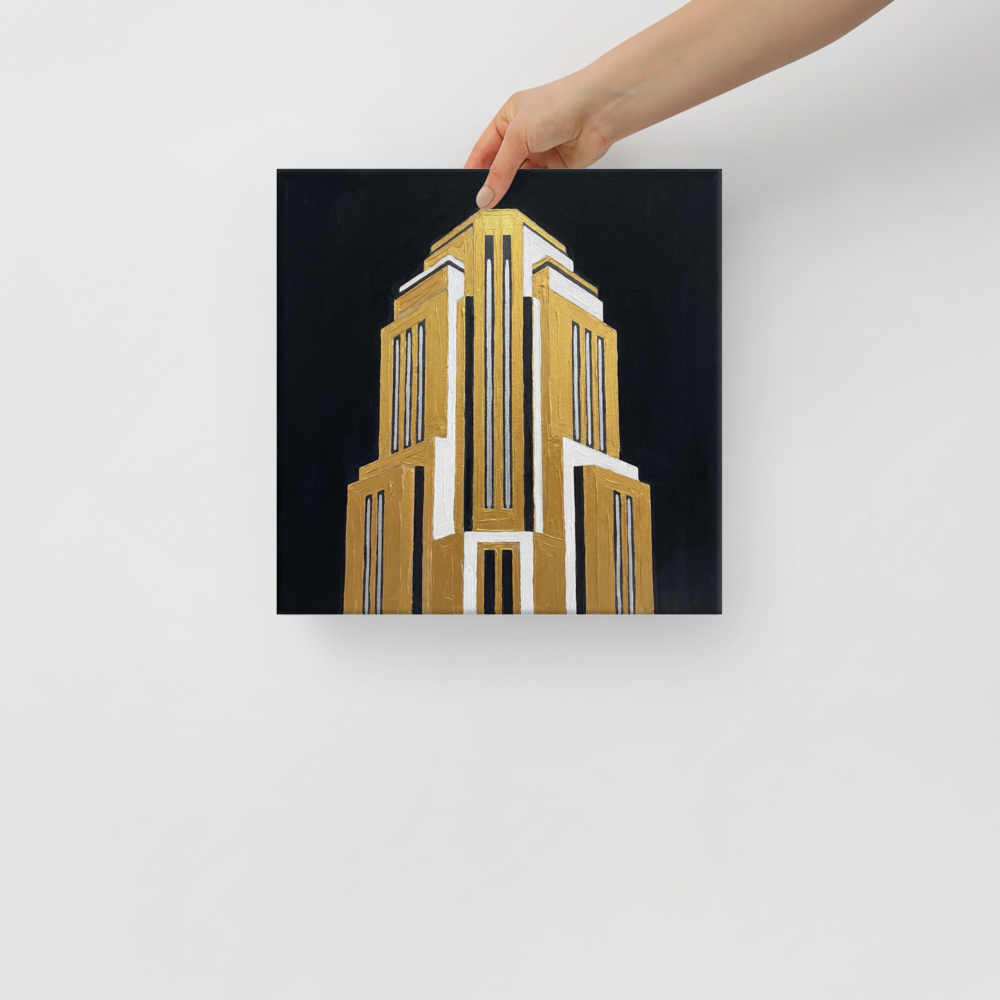 'Tower of the Jazz Age' — a Art Deco print. A textured painting of a soaring Art Deco skyscraper in bold gold, white, and silver against a pitch black background, ideal for an Office or Boardroom.