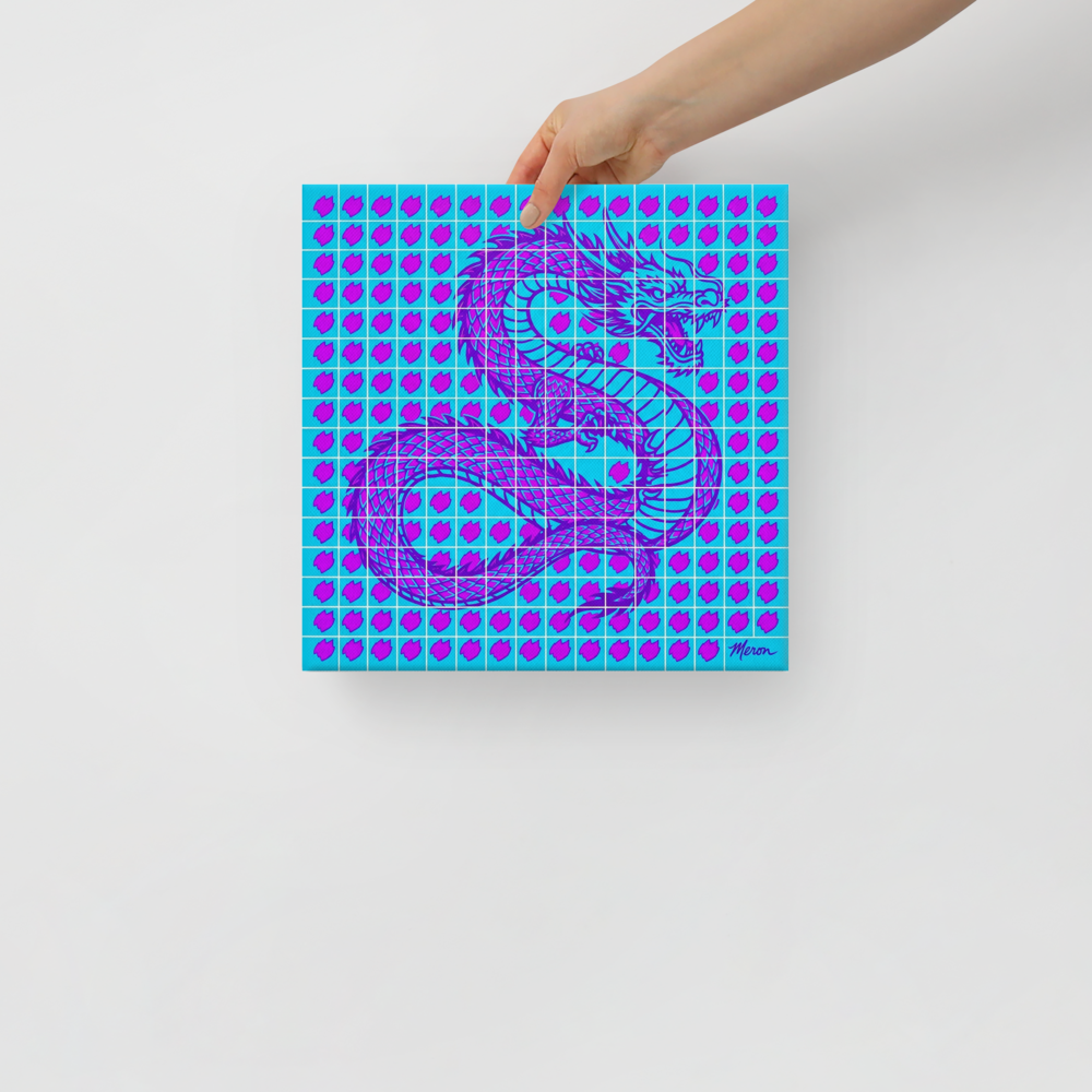 'Neon Dragon Grid' — a Pop art print. A vibrant cyan and purple Pop Art dragon overlaid on a grid, bringing a retro-futuristic feel to a Game Room.