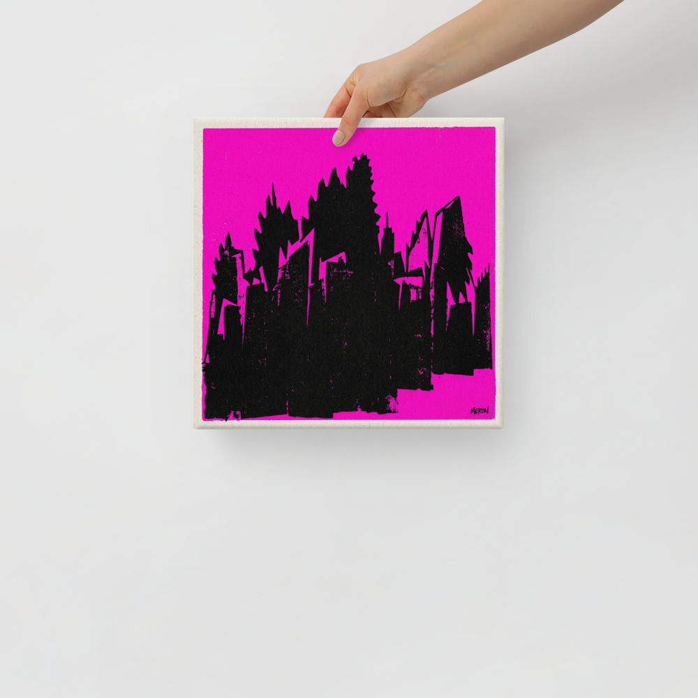 'Neon Urban Decay' — a Pop art print. A stark black cityscape silhouette on a bright magenta background, bringing raw energy to a Studio or Den / Snug.