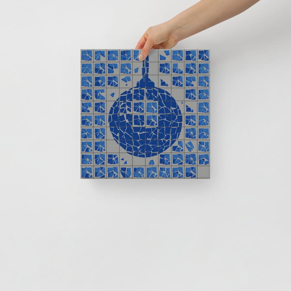 'Shattered Groove' — a Pop art print. A fragmented blue Pop Art disco ball mosaic on a gray background, adding a rebellious edge to a Home Bar / Cellar or Den / Snug.
