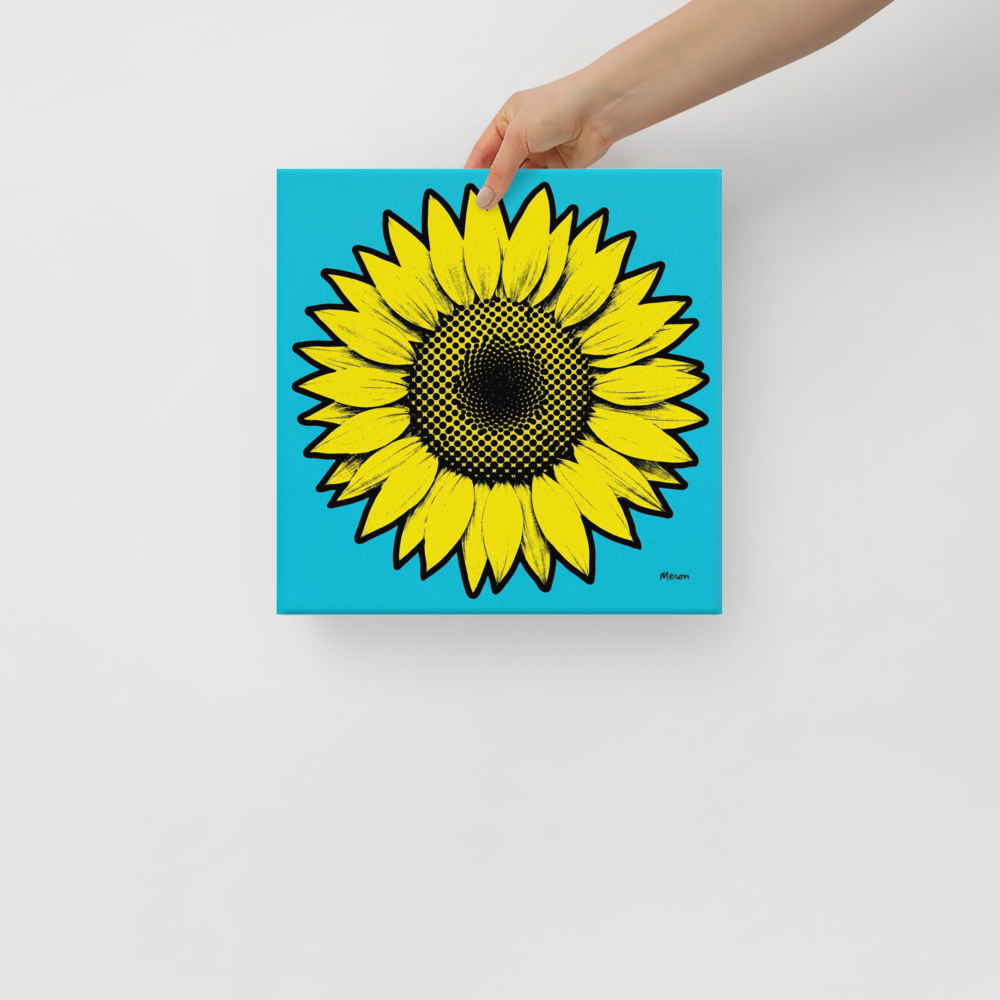 'Cyan Sunflower' — a Pop art print. A graphic pop art illustration of a bright yellow sunflower with halftone dot center on a cyan background, perfect for a cheerful sunroom.