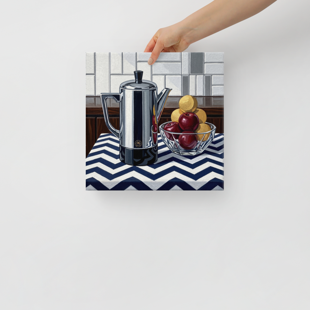 'The Morning Brew' — a Art Deco print. An Art Deco still life oil painting featuring a shiny metallic coffee pot and a bowl of fruit on a blue and white chevron tablecloth, ideal for a kitchen.