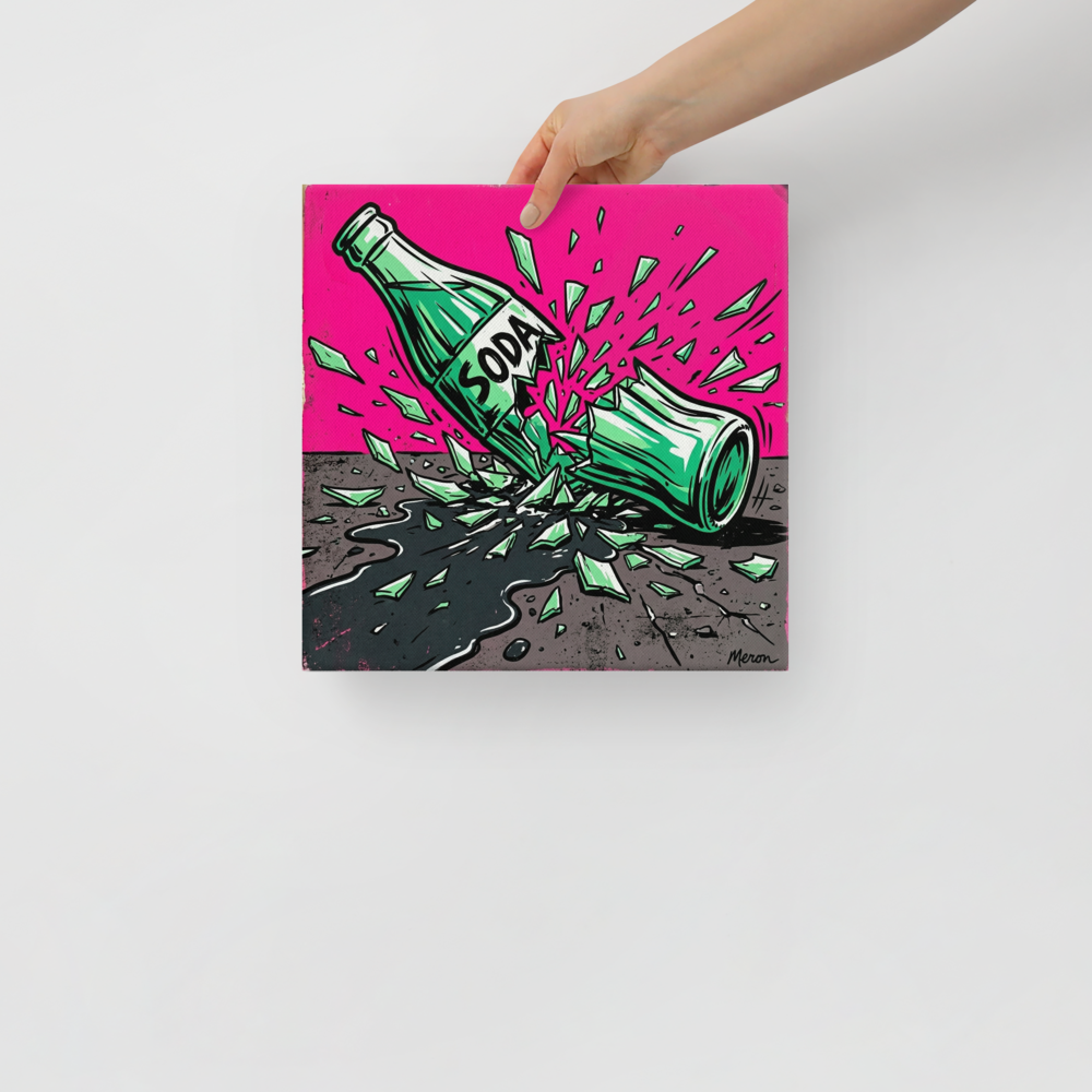 'Shattered Soda' — a Pop art print. A vibrant pop art illustration of a green soda bottle shattering and spilling on a gray surface against a bright pink background, perfect for a modern game room.
