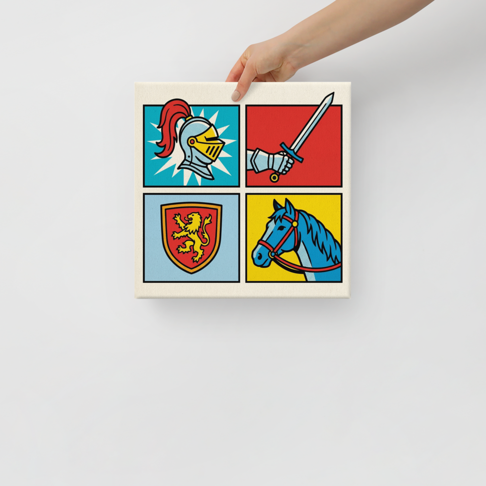 'Chivalric Pop Grid' — a Pop art print. A four-panel pop art illustration featuring a knight's helmet, an armored hand with a sword, a lion crest shield, and a horse, rendered in bright primary colors with halftone dots.