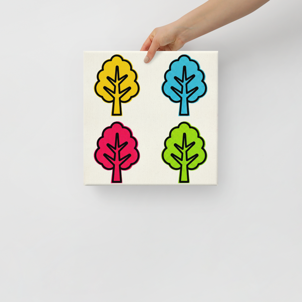 'Pop Art Forest Grid' — a Pop art print. A pop art illustration of four stylized trees in a grid, featuring bold black outlines and halftone dotted fills in yellow, blue, pink, and green against a light background.