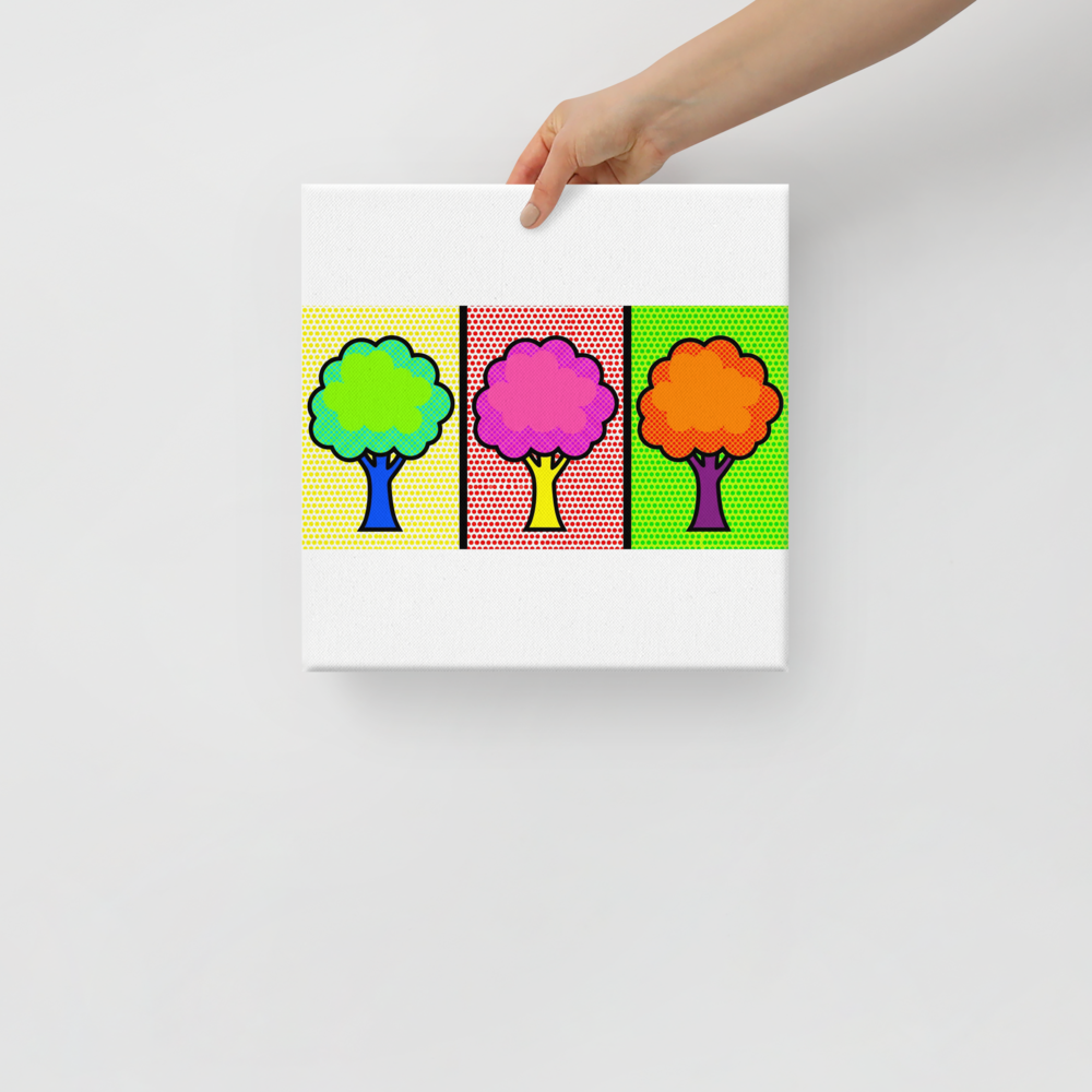 'Pop Art Canopy Triptych' — a Pop art print. A three-panel pop art illustration of stylized trees in bright green, pink, and orange, set against contrasting dotted backgrounds in yellow, red, and green.