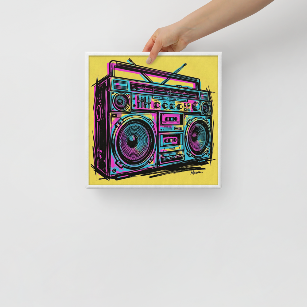 'Neon Boombox' — a Pop art print. A vibrant pop art sketch of a vintage boombox in cyan and magenta against a yellow background, ideal for a game room.