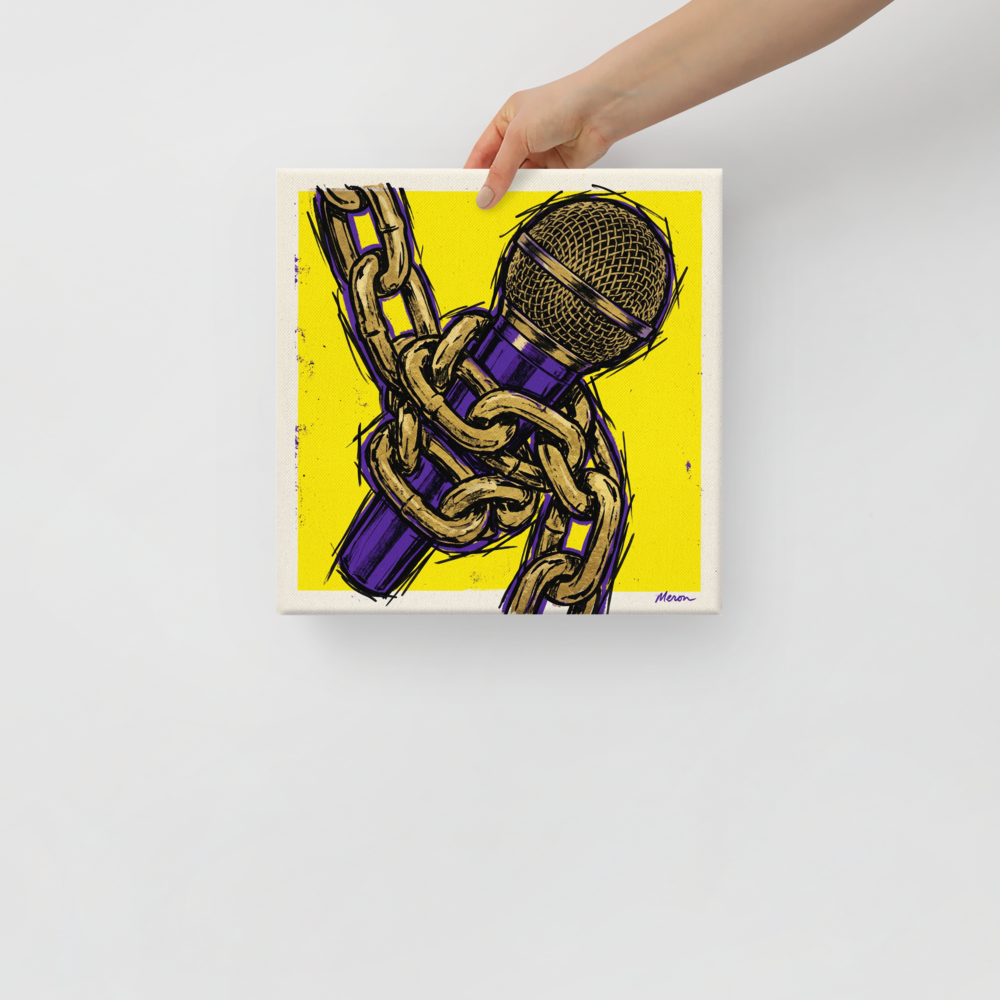 'Chained Mic' — a Pop art print. A bold pop art illustration of a purple microphone wrapped in a gold chain against a bright yellow background, ideal for a music studio.