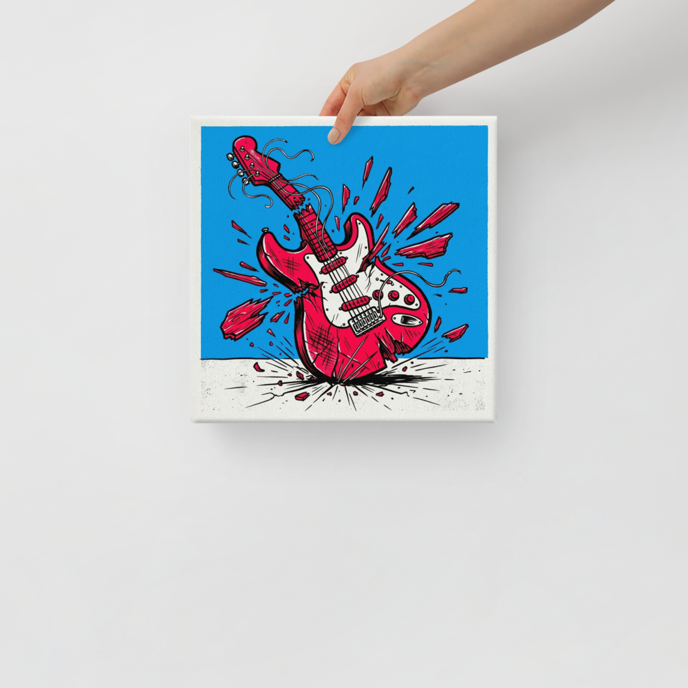 'Guitar Smash' — a Pop art print. A dynamic pop art illustration of a red electric guitar shattering against the ground on a bright blue background, perfect for a game room.