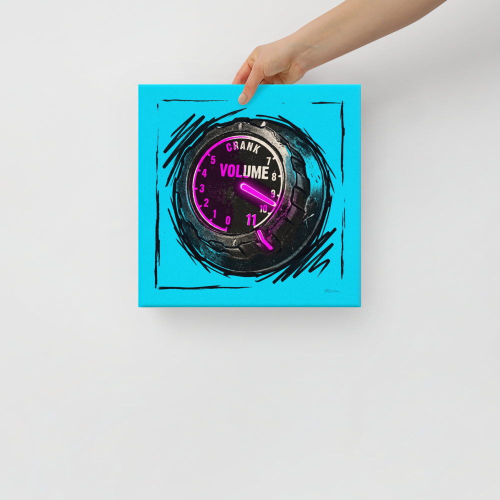 'Crank to Eleven' — a Pop art print. An edgy pop art illustration of a glowing pink volume knob cranked to eleven against a cyan background, perfect for a music studio.