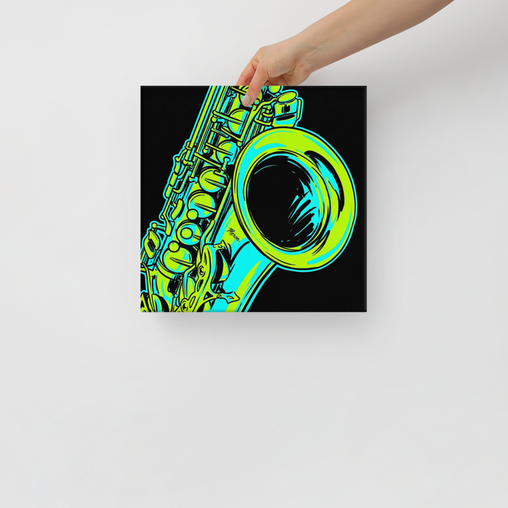 'Neon Rhythms' — a Pop art print. A vibrant neon green and cyan pop art illustration of a saxophone against a black background, perfect for a lively home bar or game room.