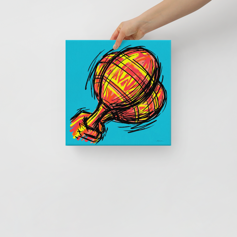 'Scribbled Ascent' — a Pop art print. A vibrant pop art style illustration of a red and yellow hot air balloon covered in sketchy black lines against a bright cyan background, perfect for an eclectic living room.