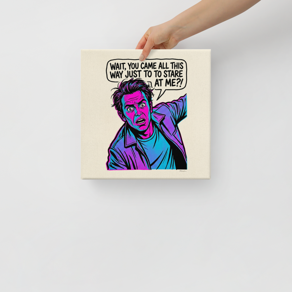'The Stare Down' — a Pop art print. A vintage comic style pop art illustration of a shocked man in cyan and magenta halftone dots with a speech bubble that reads 'Wait, you came all this way just to to stare at me?!', perfect for a fun game room or office.