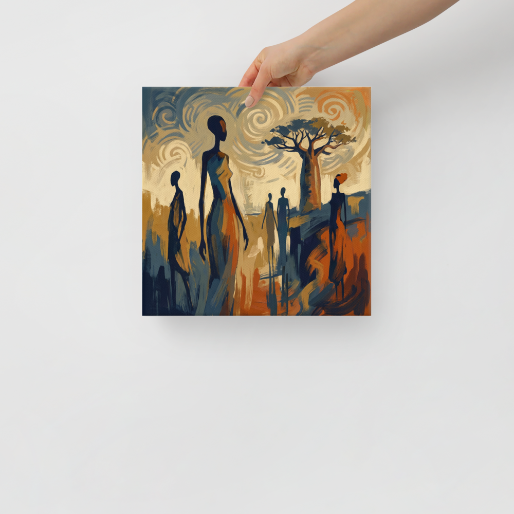 'Savanna Rhythms' — a Post-Impressionism,Expressionism print. An expressive oil painting of elongated African silhouettes walking near a baobab tree under a swirling sky, making captivating living room or bedroom wall art.