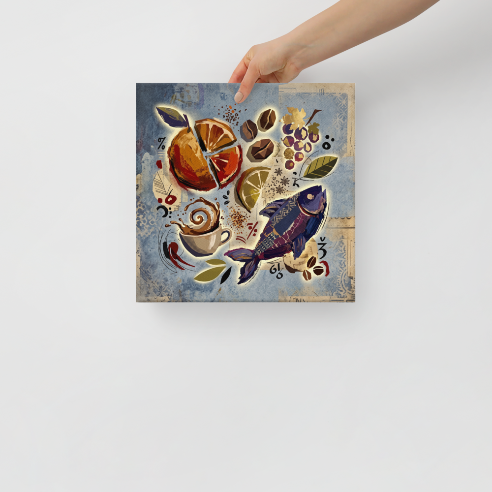 Dau-al-Set wall art for the dining room, 'Surrealist Feast'. A vibrant surrealist collage featuring a patterned purple fish, sliced citrus, coffee beans, and a splashing espresso cup on textured blue paper, ideal for a creative dining room or kitchen.