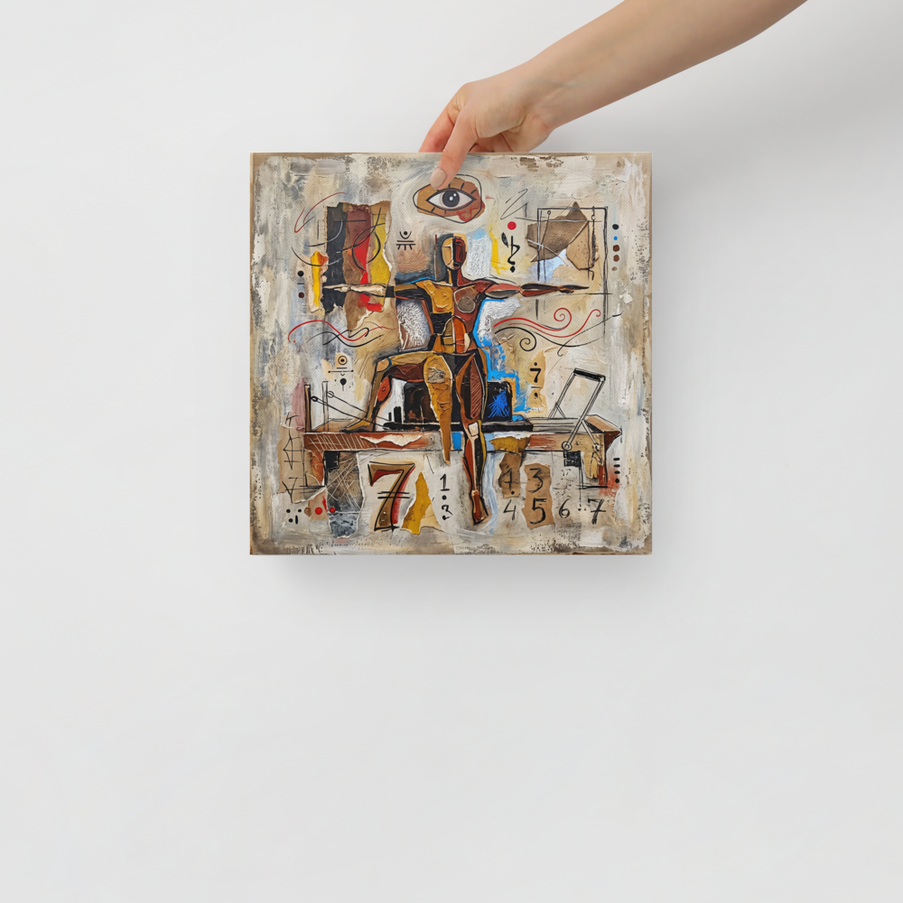 Fine art print 'The Seventh Equilibrium' in a Dau-al-Set style. A textured surrealist collage featuring a balanced human figure beneath a stylized all-seeing eye and cryptic numbers, making a captivating focal point for a study or living room.