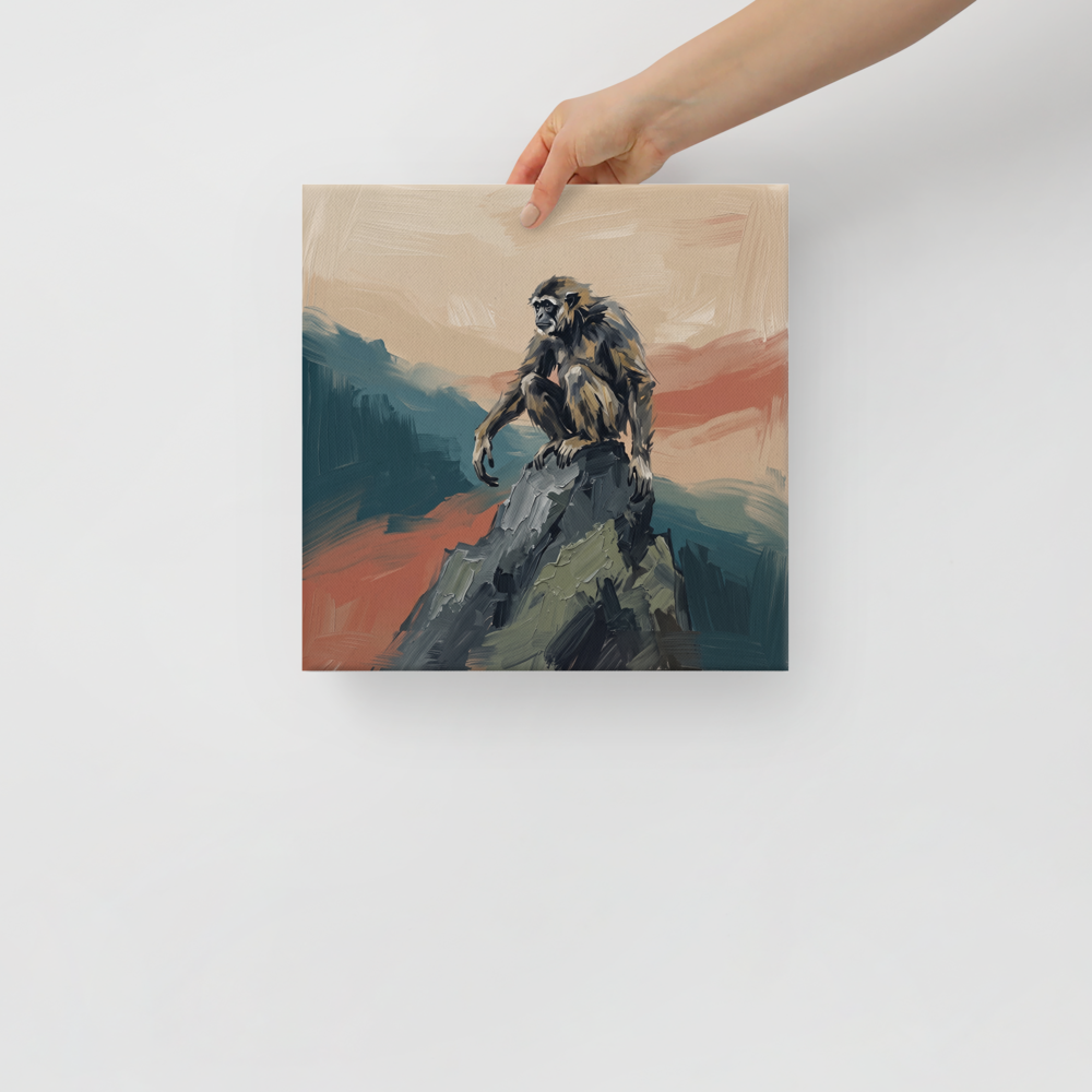 Wall art print 'Sun Wukong on the Peak' in a Expressionism style. Expressive oil painting of Sun Wukong the Monkey King sitting atop a mountain peak in teal and terracotta tones for an office wall.
