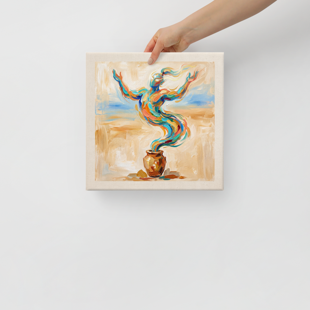 Vibrant impasto painting of a magical genie emerging from a clay vessel with outstretched arms, perfect wall art for a living room. A Expressionism print in teal and orange, 'Rise of the Djinn'.