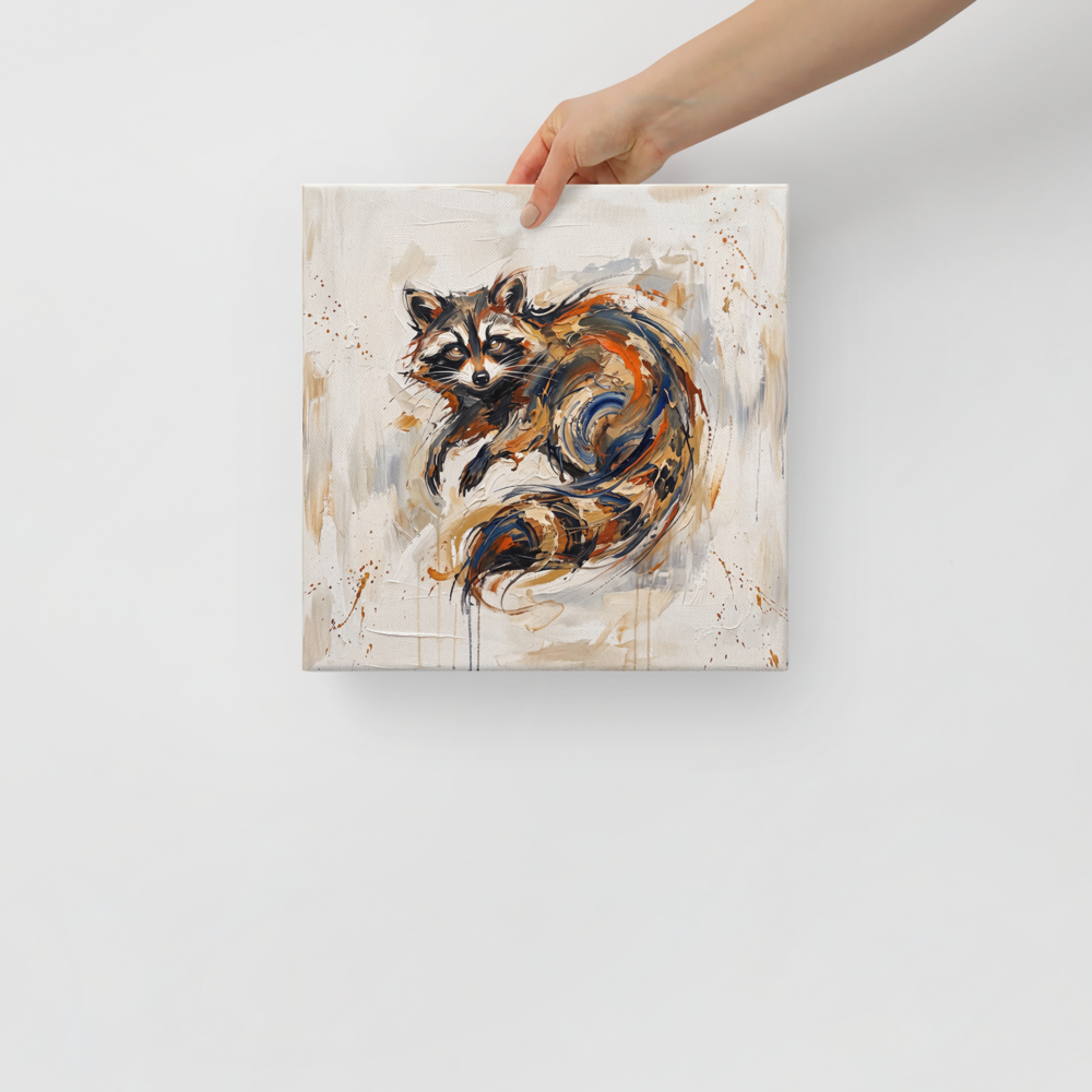 Fine art print 'Azeban the Mischievous' in a Expressionism style. Expressive impasto oil painting of Azeban raccoon spirit in rust orange and slate blue tones for a living room wall.
