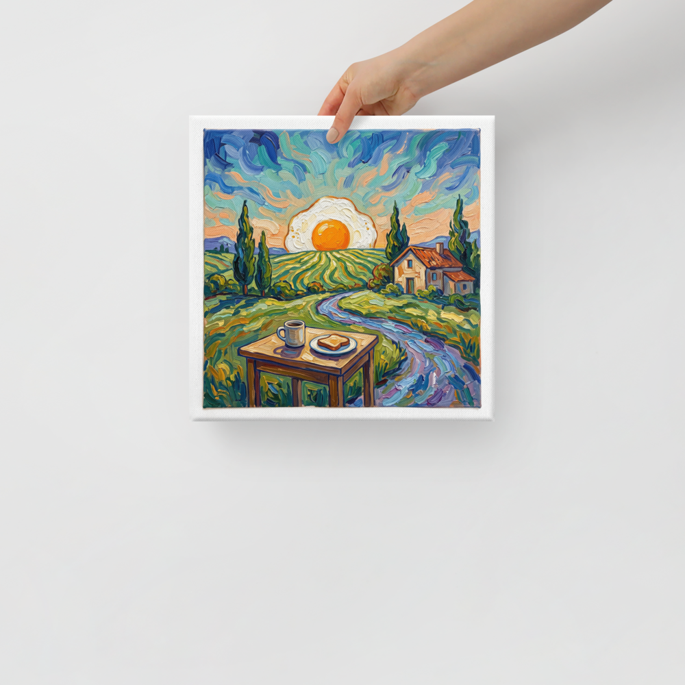 The Post-Impressionism print 'Sunny Side Up Sunrise'. Vibrant Post-Impressionist impasto painting of a fried egg sunrise over rolling hills for kitchen wall art.