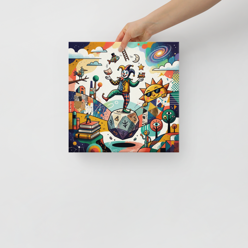 'The Cosmic Juggler' by Meron. A cheerful jester balances on a giant floating die while juggling whimsical objects like a top-hatted fish and a toy train, creating a joyful centerpiece for a playroom. A Dau-al-Set wall art print.