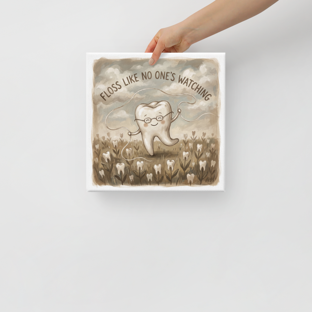 'Floss Like No One's Watching'. A whimsical sepia painting of a happy tooth dancing with dental floss in a meadow, perfect for bathroom wall art. Offered as a Digital art print.