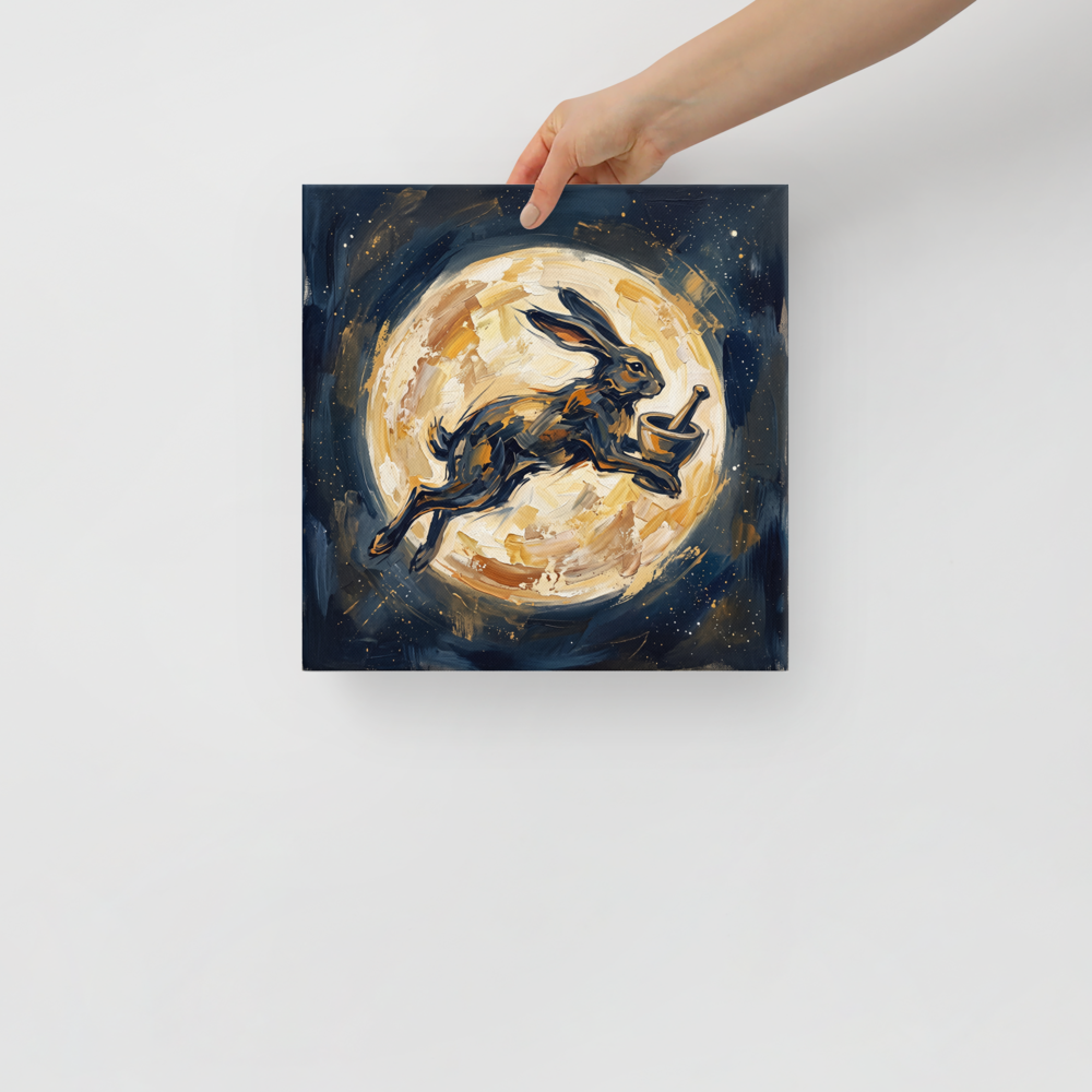 A wonder / awe scene in midnight blue and gold, 'Celestial Hare'. Rich impasto oil painting of a dark lunar hare leaping across a golden moon, suited for a living room wall.