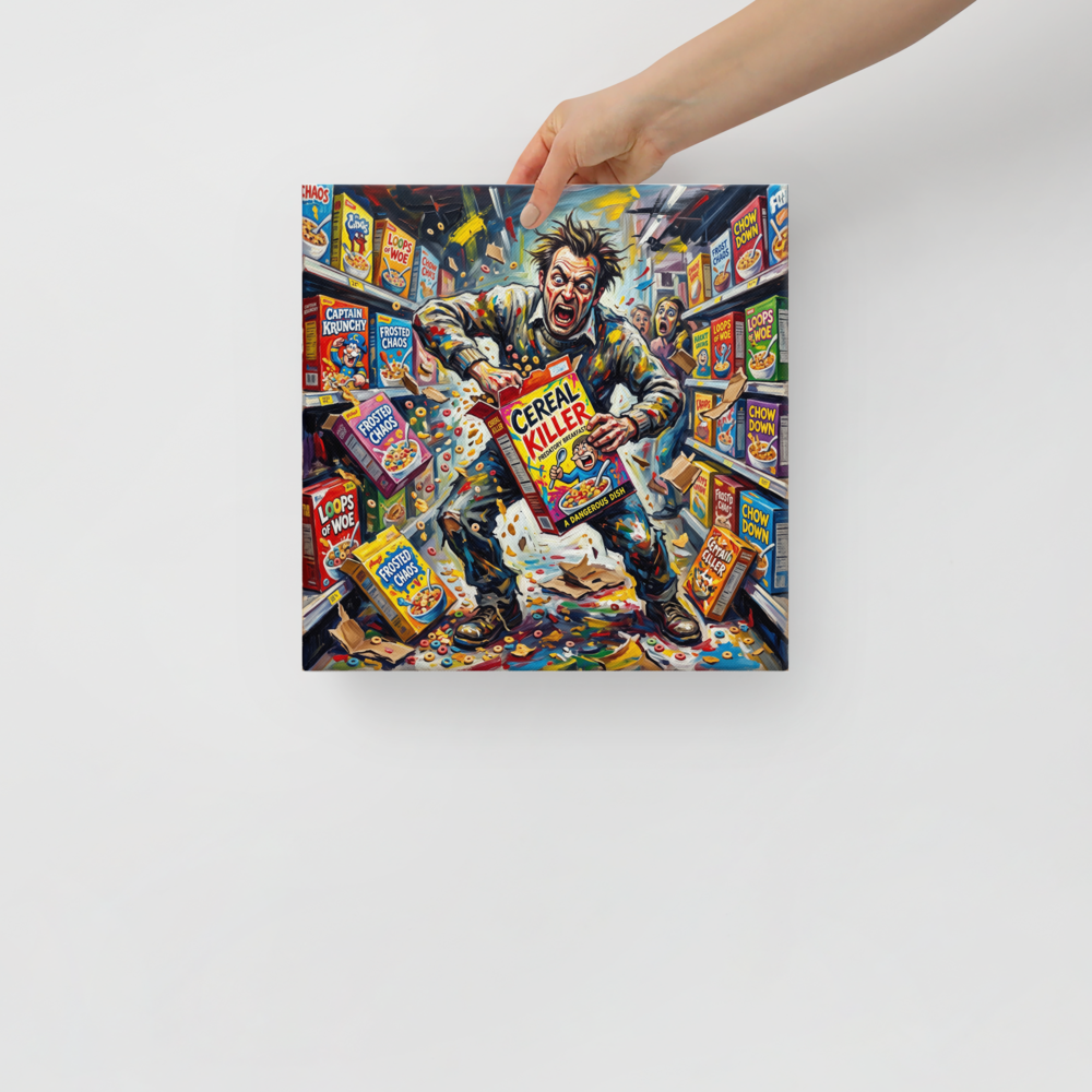 Vibrant expressionist painting of a manic man tearing open cereal boxes in a supermarket aisle for game room wall art. Shown here as the Expressionism print 'Cereal Killer'.