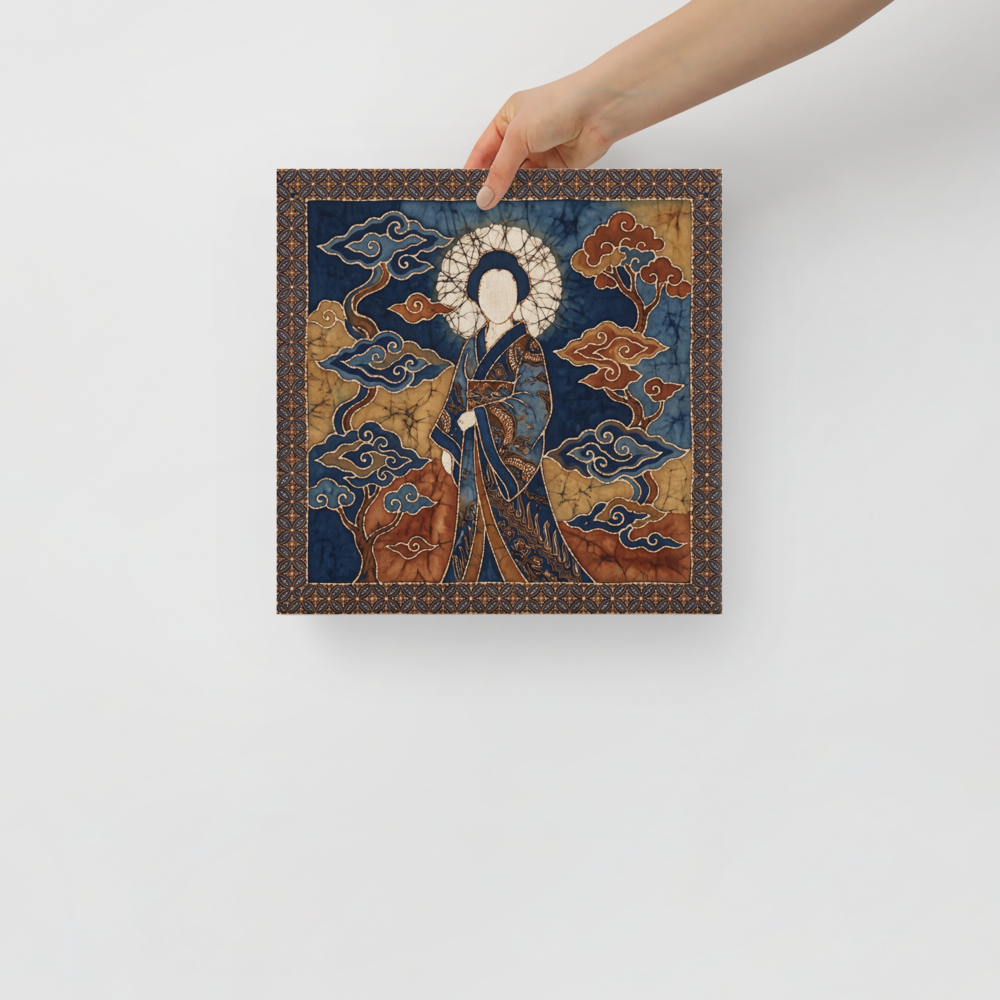 A Japanese batik fabric artwork depicting the sun goddess Amaterasu in indigo and gold hues in a Living Room decor setting. A Japanese art print in indigo and gold, 'Amaterasu in Batik'.