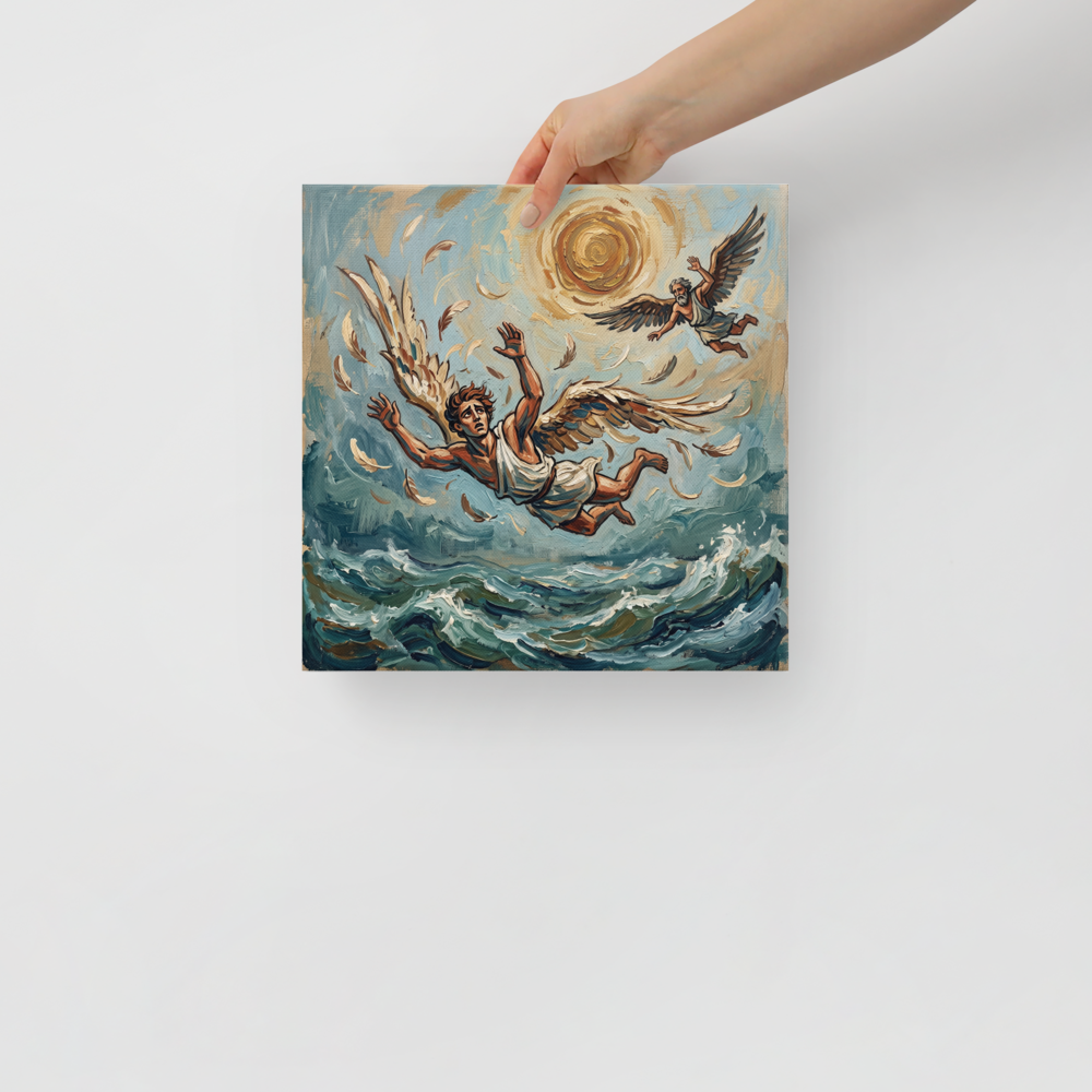 The Expressionism print 'The Fall of Icarus'. Expressionist impasto painting of winged Icarus falling into stormy sea under a golden sun, suited for a living room wall.