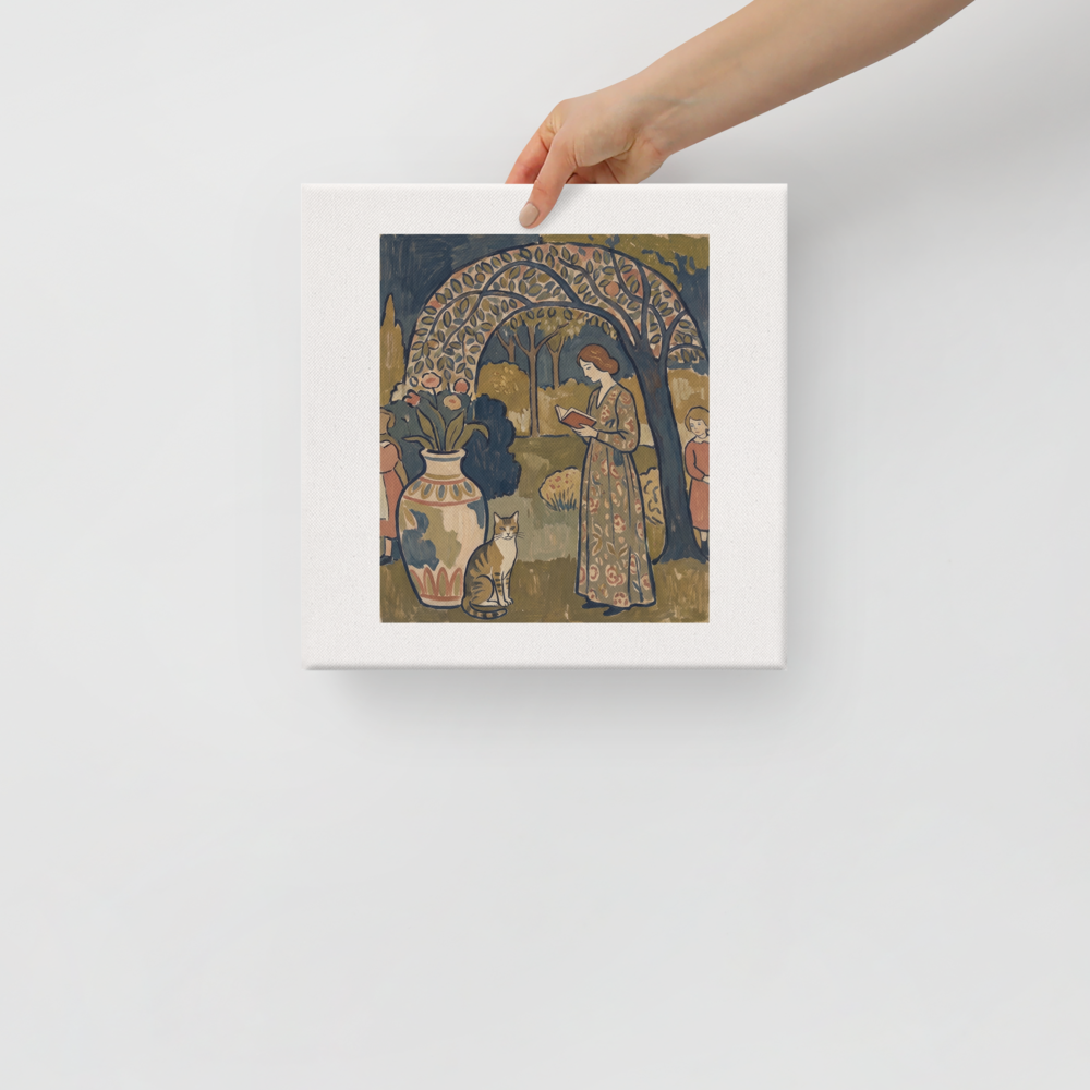 A serene painting of a woman reading a book under an arched garden trellis with a cat and vase of flowers, creating a peaceful atmosphere for a bedroom or reading room. 'Under the Trellis', a Les Nabis print for the wall.