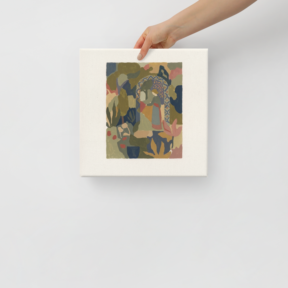 The Les Nabis print 'The Garden Archway'. An abstract Les Nabis painting of a woman standing beneath a patterned garden archway surrounded by colorful foliage, creating an elegant focal point for a living room or hallway.