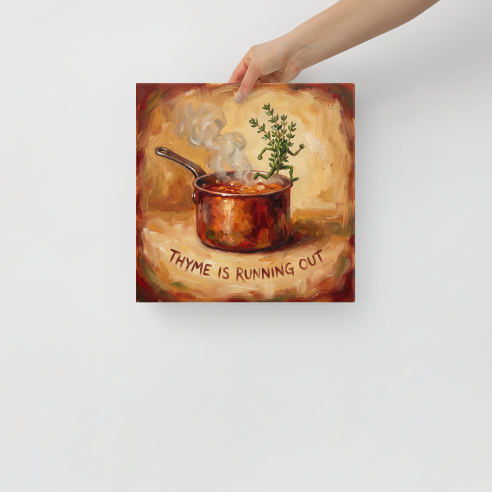 A humorous oil painting of a thyme sprig running out of a steaming copper pot, ideal kitchen wall art. A Impressionism print in sienna and dark golden rod, 'Thyme Is Running Out'.