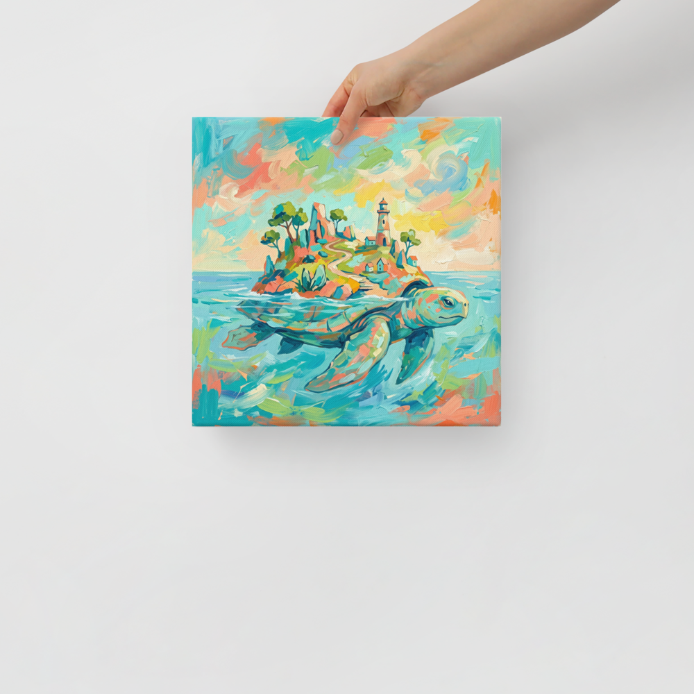 'Sanctuary of the World Turtle' by Meron. Whimsical pastel oil painting of a mythical sea turtle carrying a coastal island and lighthouse, ideal wall art for a sunroom. A Fauvism wall art print.