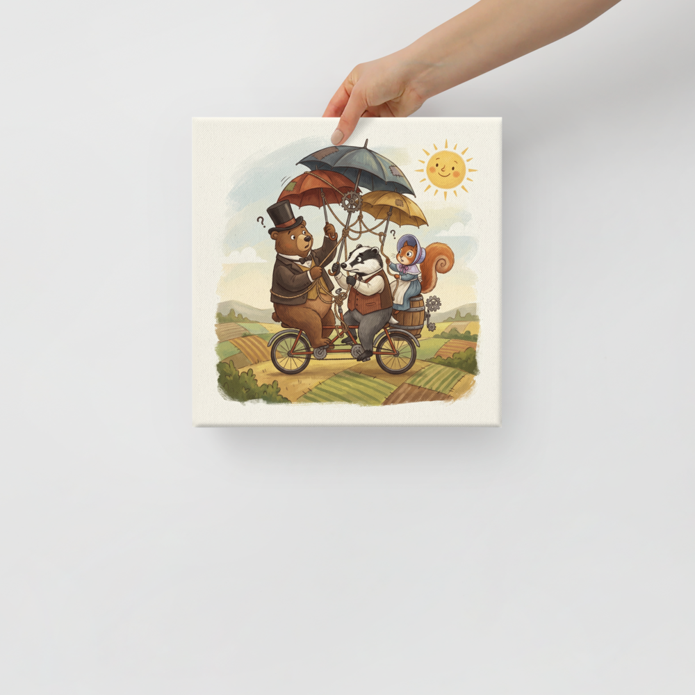 Wall art print 'The Peculiar Journey' in a Animation style. A whimsical illustration of a bear, badger, and squirrel riding a tandem bicycle with umbrellas in a sunny countryside setting, perfect for a playroom.