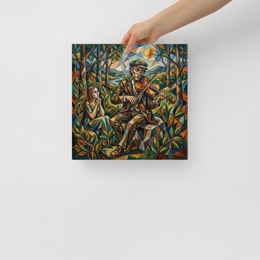 Cubist geometric painting of Orpheus playing violin in an enchanted forest, ideal for a living room wall. A dreamy piece titled 'Orpheus and Eurydice'.