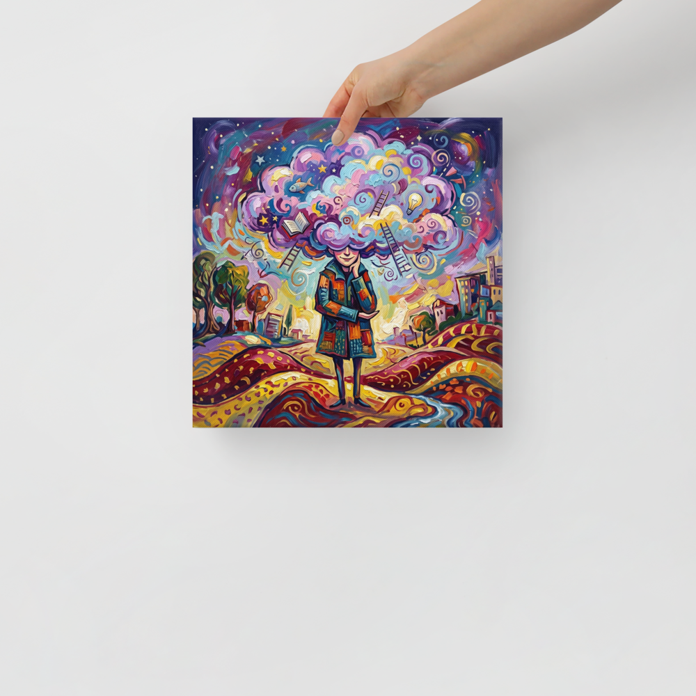 'Mind in the Clouds', a Surrealism wall art print. Whimsical surrealist painting of a figure with a cloud of creative ideas above their head for library wall art.