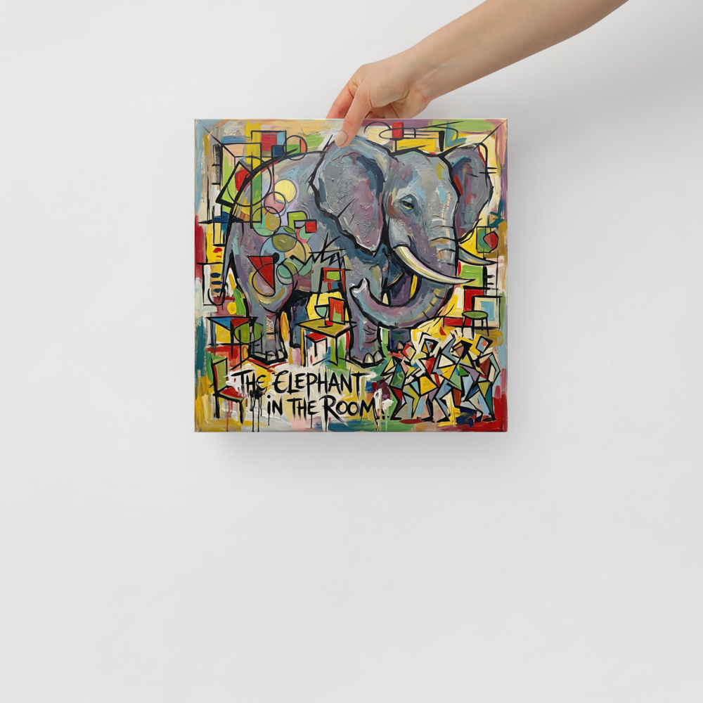 'The Elephant in the Room' by Meron. A bold cubist oil painting of a giant elephant standing inside a modern living room with geometric patterns. A Cubism wall art print.