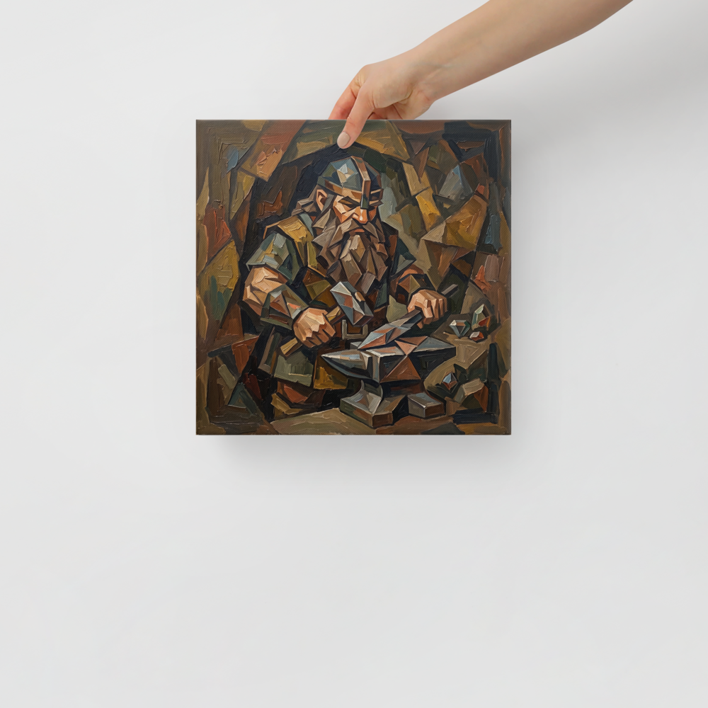 Cubism wall art exploring mythology, 'The Forge of Brokkr'. A Cubist oil painting of a bearded dwarven blacksmith hammering metal on an anvil in a Living Room decor setting.