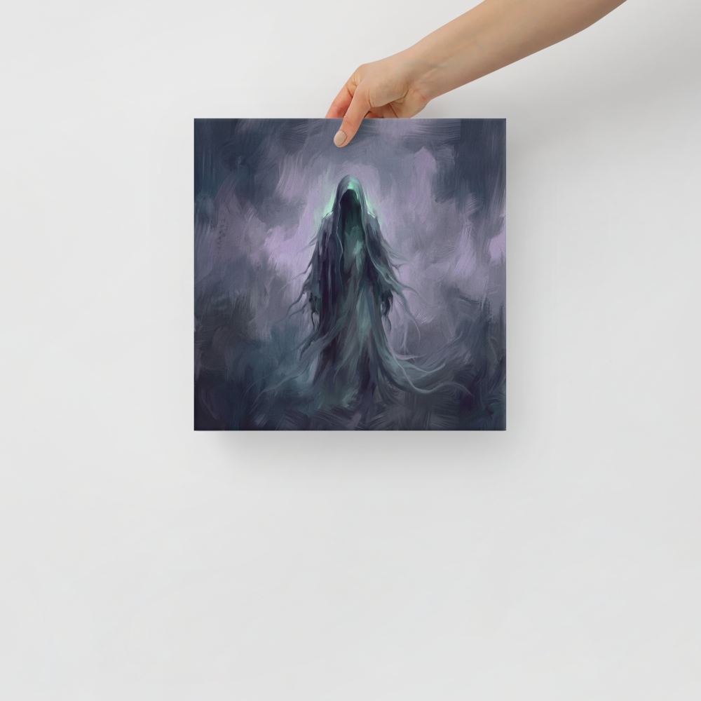 A mystical / mysterious Symbolism print, 'Phantom of Morpheus'. Ethereal painting of a hooded phantom figure enveloped in purple mist, suited for a bedroom wall.