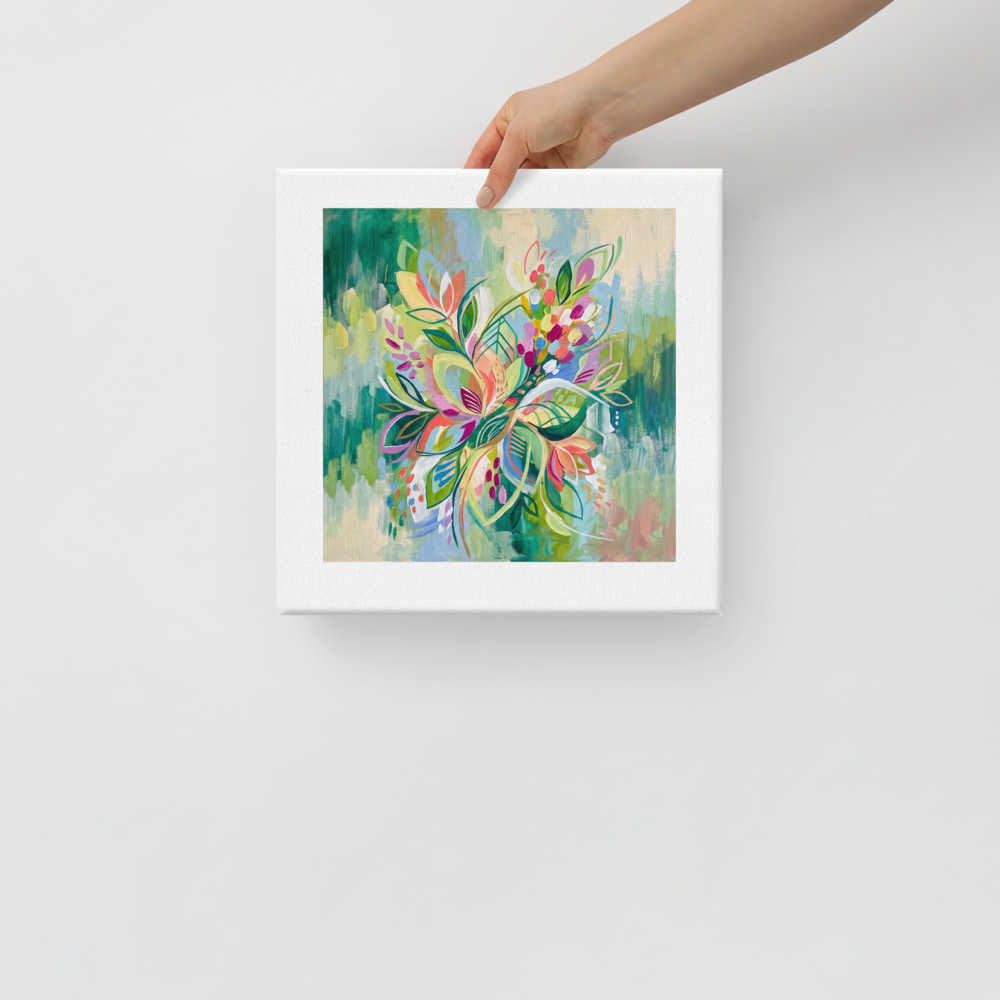 The Abstract expressionism print 'Joyous Botanical Symphony'. A vibrant Abstract expressionism floral painting with colorful petals and lush green brushstrokes, ideal for a Sunroom / Conservatory.