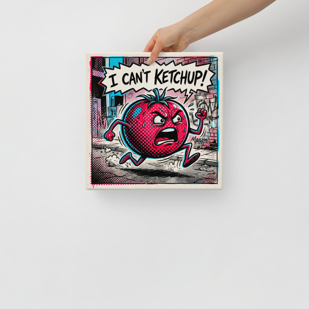 Pop art wall art, 'Can't Ketchup'. A comic book style pop art illustration of an angry running tomato with a speech bubble that says 'I CAN\'T KETCHUP!' rendered in red and cyan halftone dots.