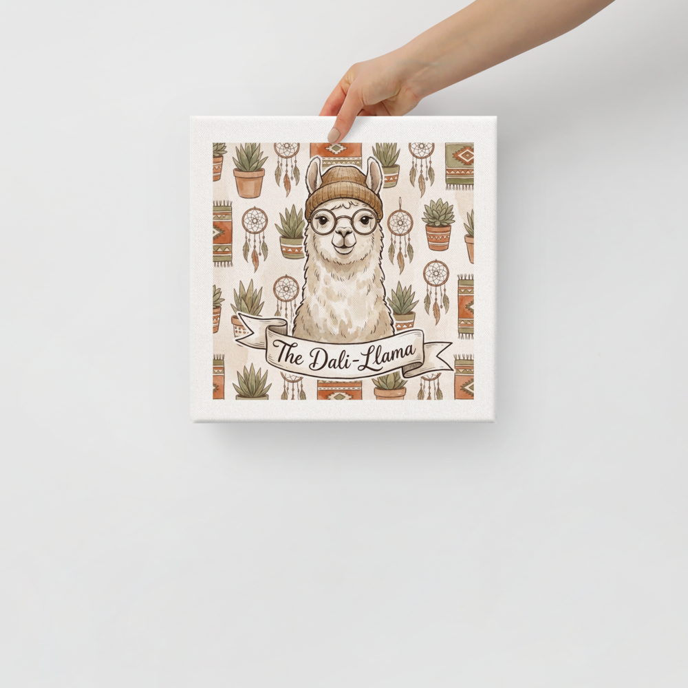 A watercolor-style illustration of a hipster llama wearing glasses and a beanie with a banner reading 'The Dali-Llama', surrounded by boho decor. A Pop art print in tan and burly wood, 'The Dali-Llama'.